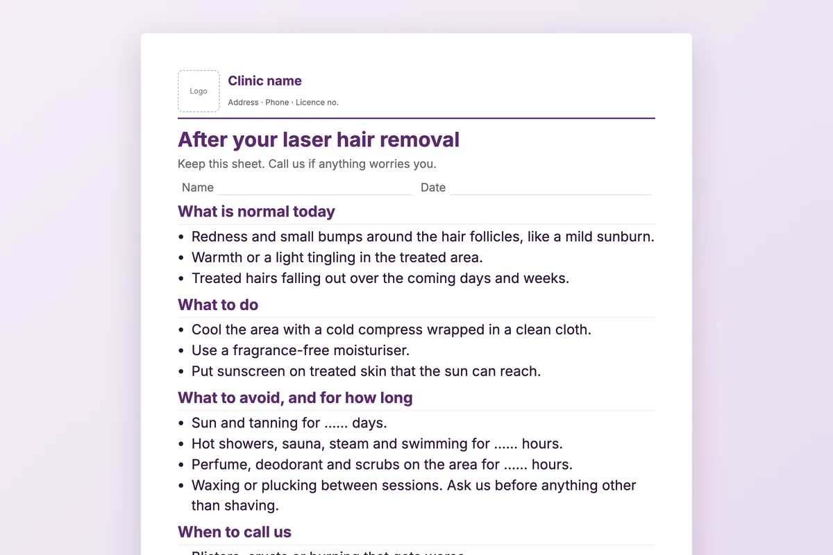 Aftercare instruction sheets