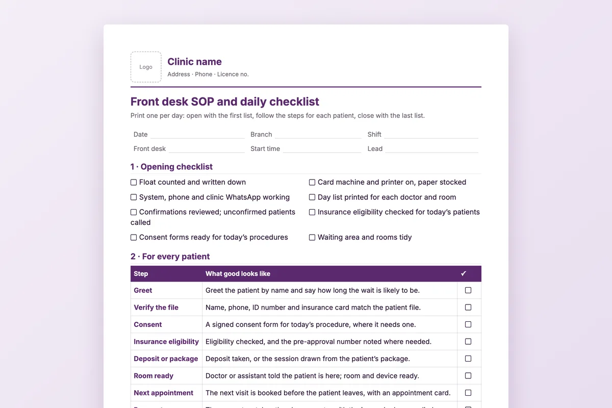 Front desk SOP and daily checklist
