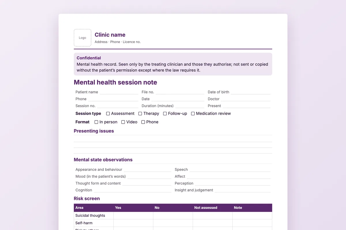 Mental health session note