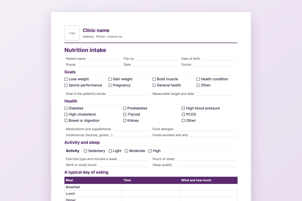 Nutrition intake and follow-up sheet