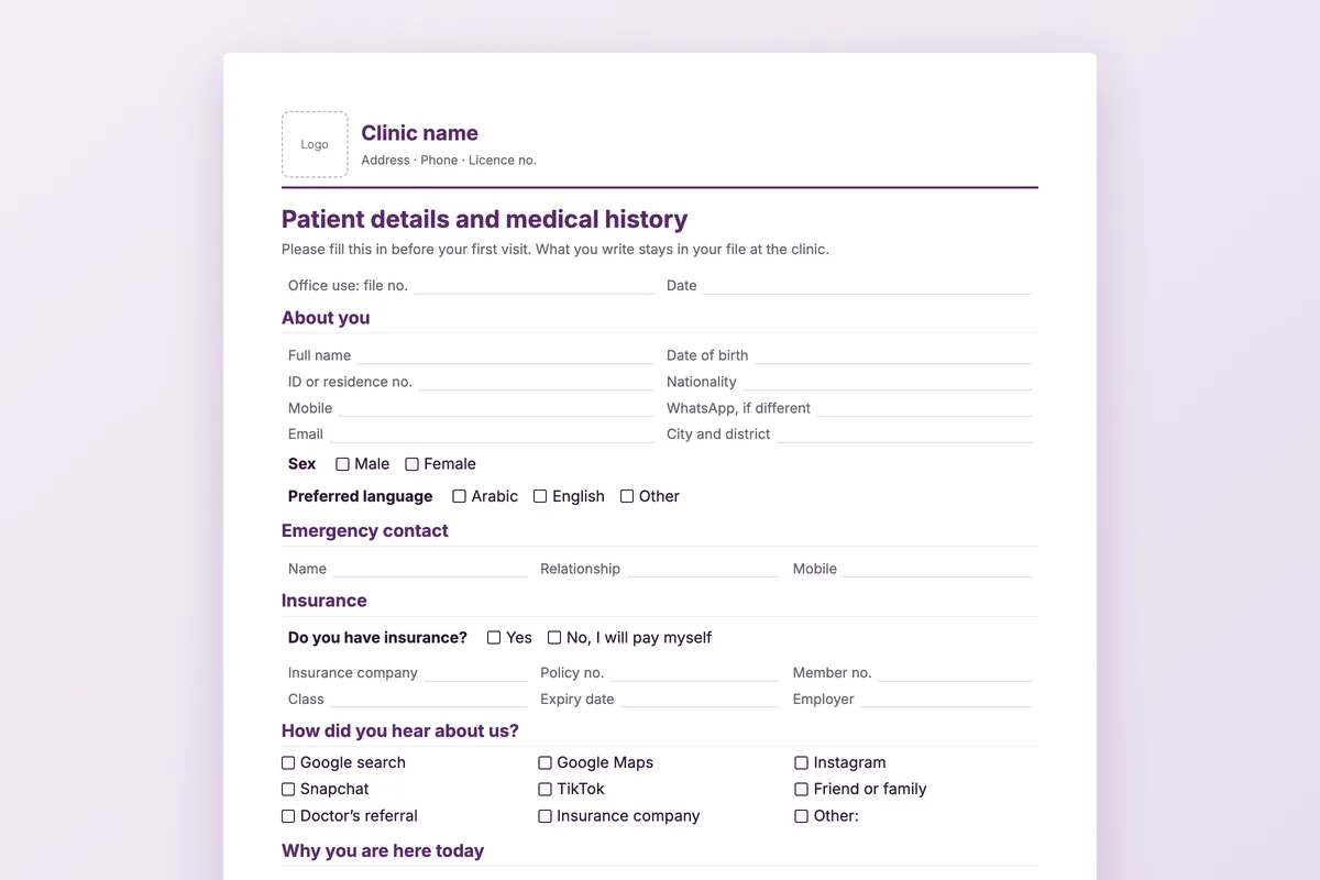 Patient intake form