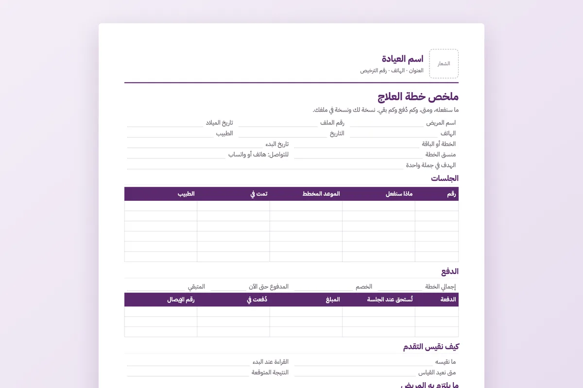 ملخص خطة العلاج