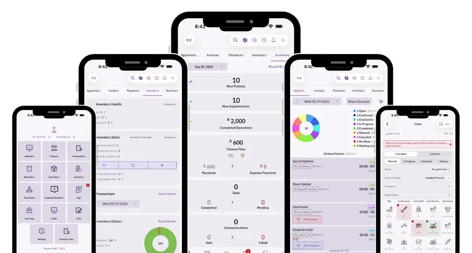 Medicolize across several phones: the chart, the patient modules, the day’s numbers and the stock count, each on the device whoever needs it already carries