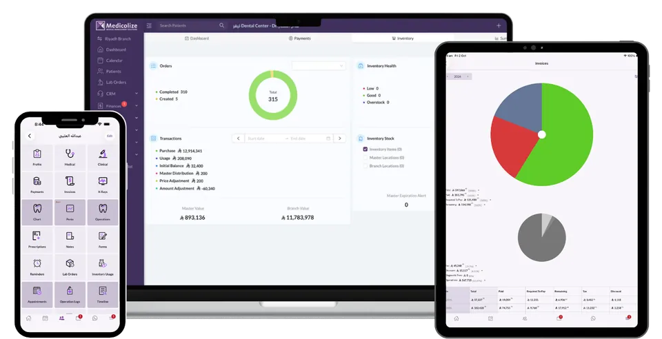 Supplier orders and stock movements in Medicolize on a laptop, the invoice breakdown on a tablet and the patient’s own file on a phone