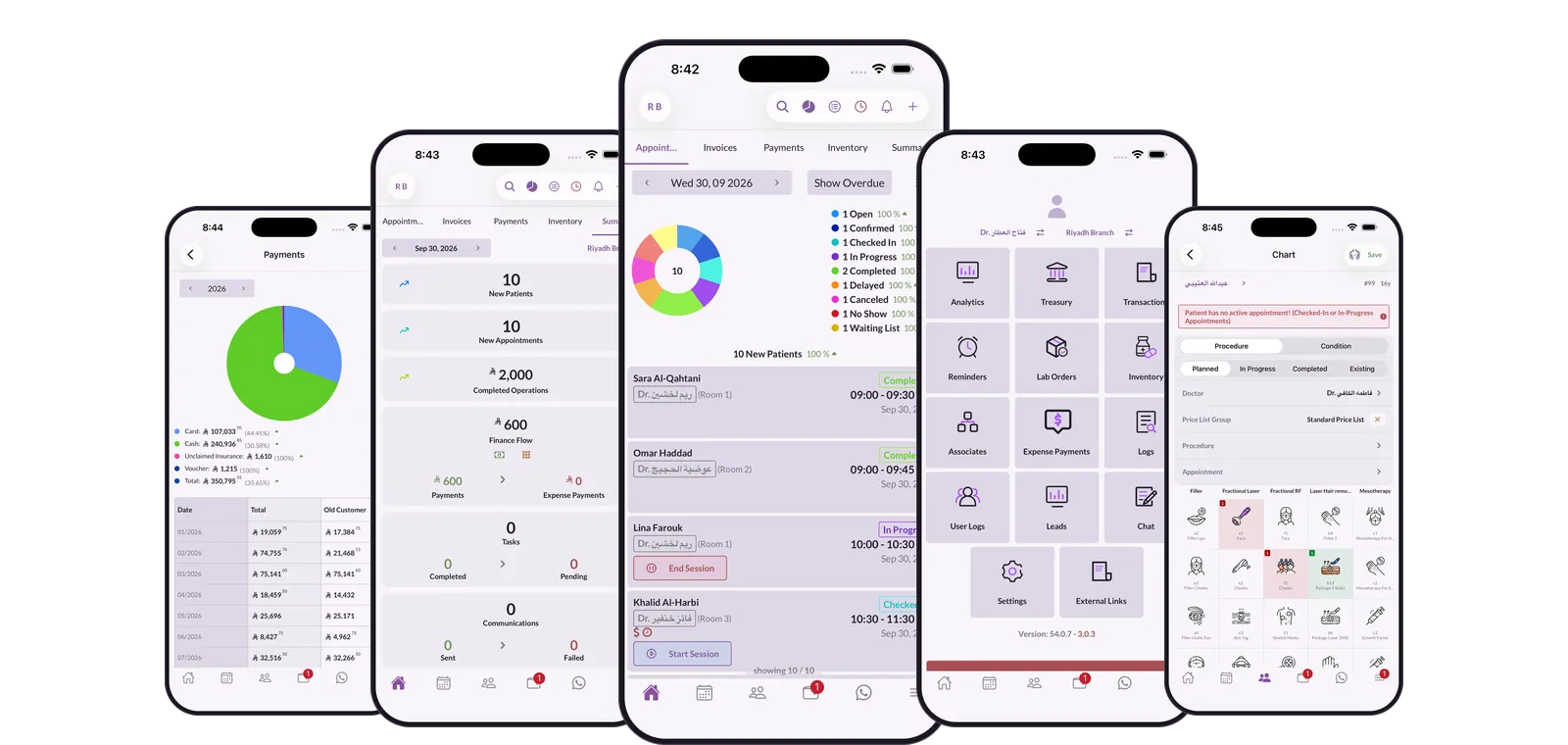 The Medicolize app on five iPhone screens: payments split by method, the day summary, the appointment list with its status ring, the app home, and a treatment chart of aesthetic procedures