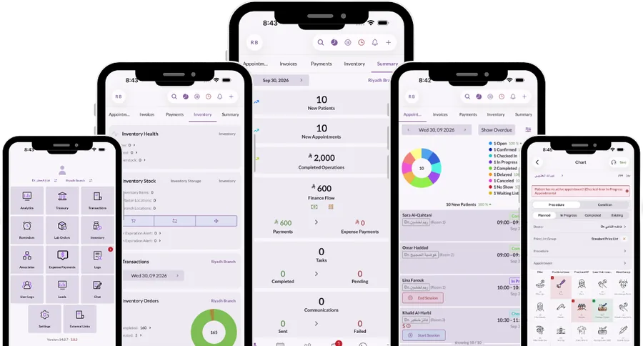 تطبيق ميديكولايز على عدة هواتف: المخطط، ووحدات المريض، وأرقام اليوم، وجرد المخزون — كلها على الهاتف الذي يحمله الطبيب أصلًا