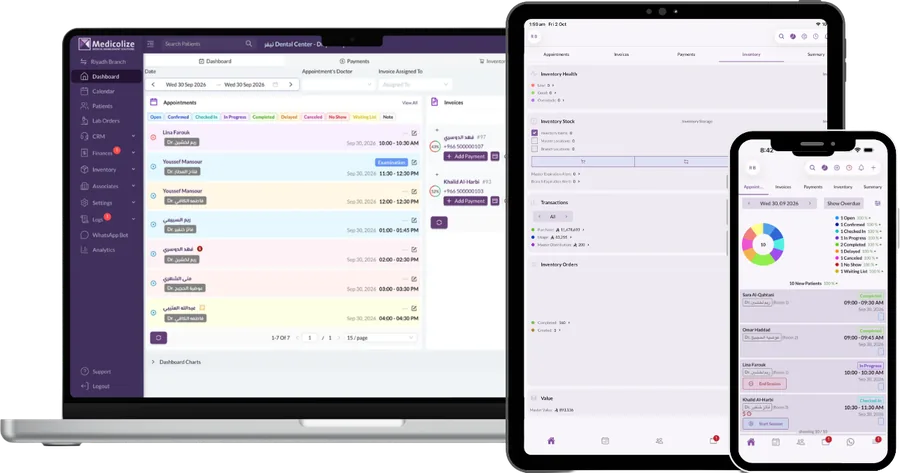 Medicolize on a laptop, a tablet and a phone at once: the day’s appointments, the invoices against them and the stock behind them