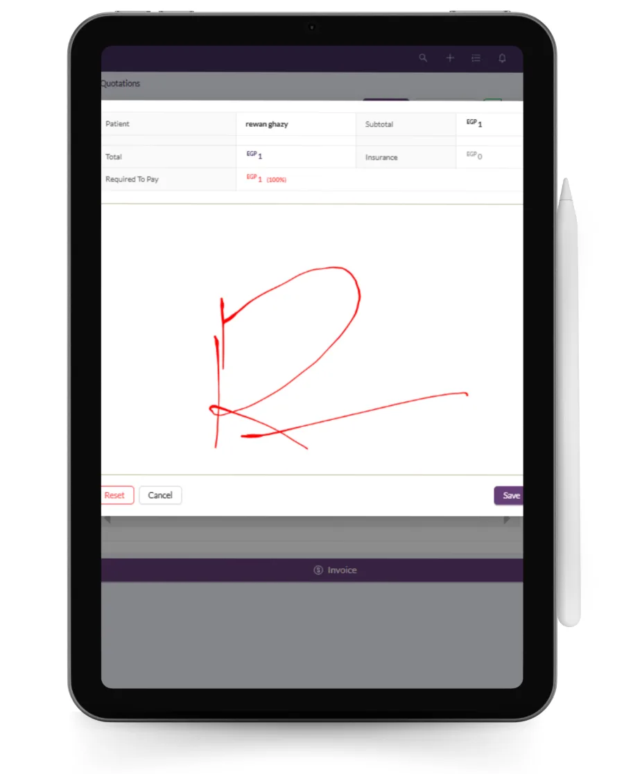 A consent form signed on the screen in Medicolize, kept against the treatment it belongs to