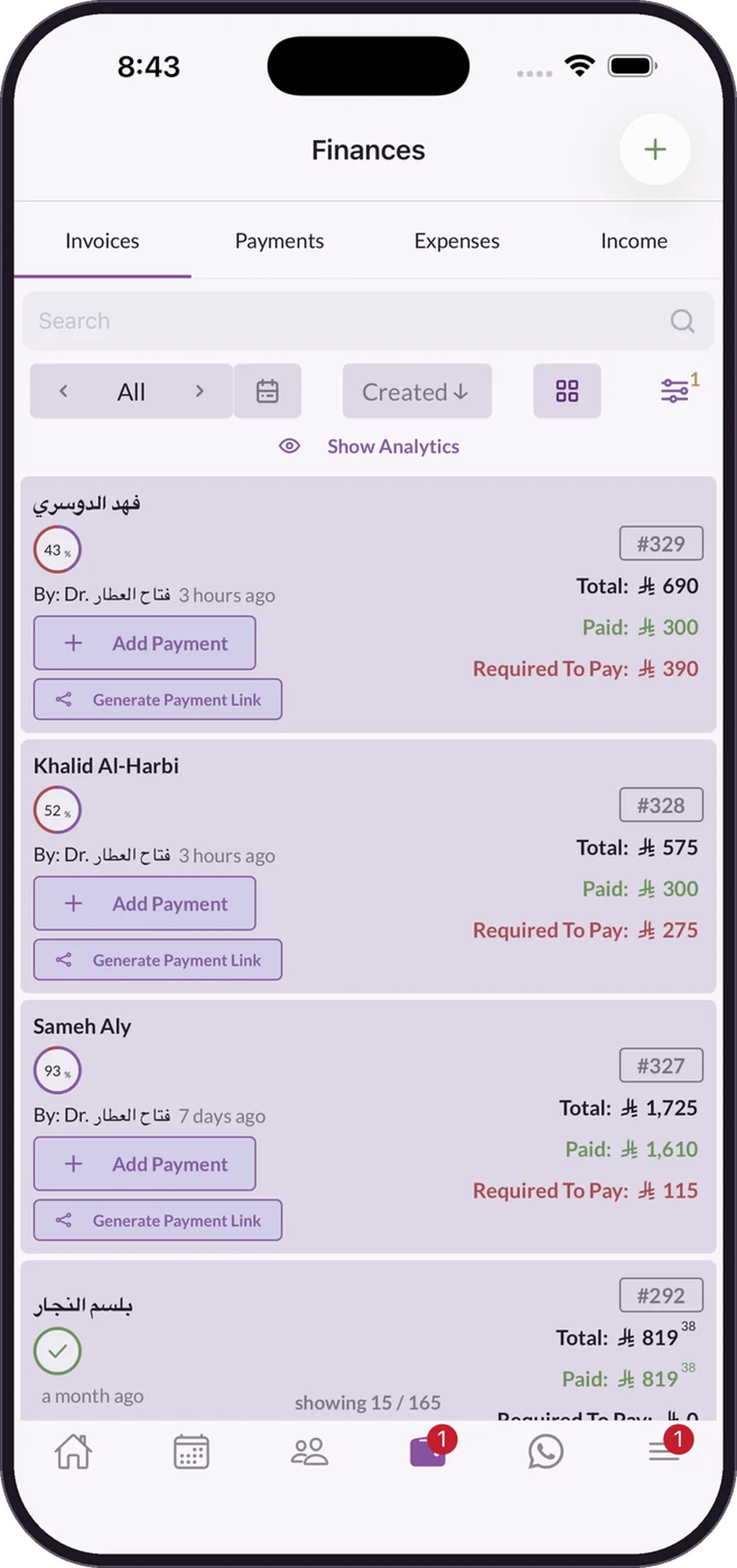 Invoices in the Medicolize app with a payment link on each one, and what is still owed against what is paid