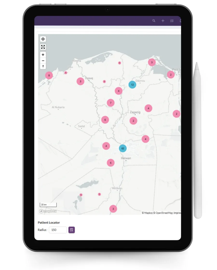 Patient addresses plotted on the map in Medicolize, clustered by area around the clinic