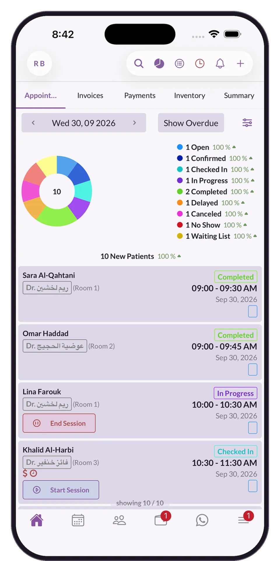 A day of appointments in the Medicolize app, with every status on one ring