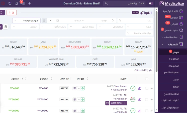 متابعة الإيرادات والمصروفات داخل العيادة