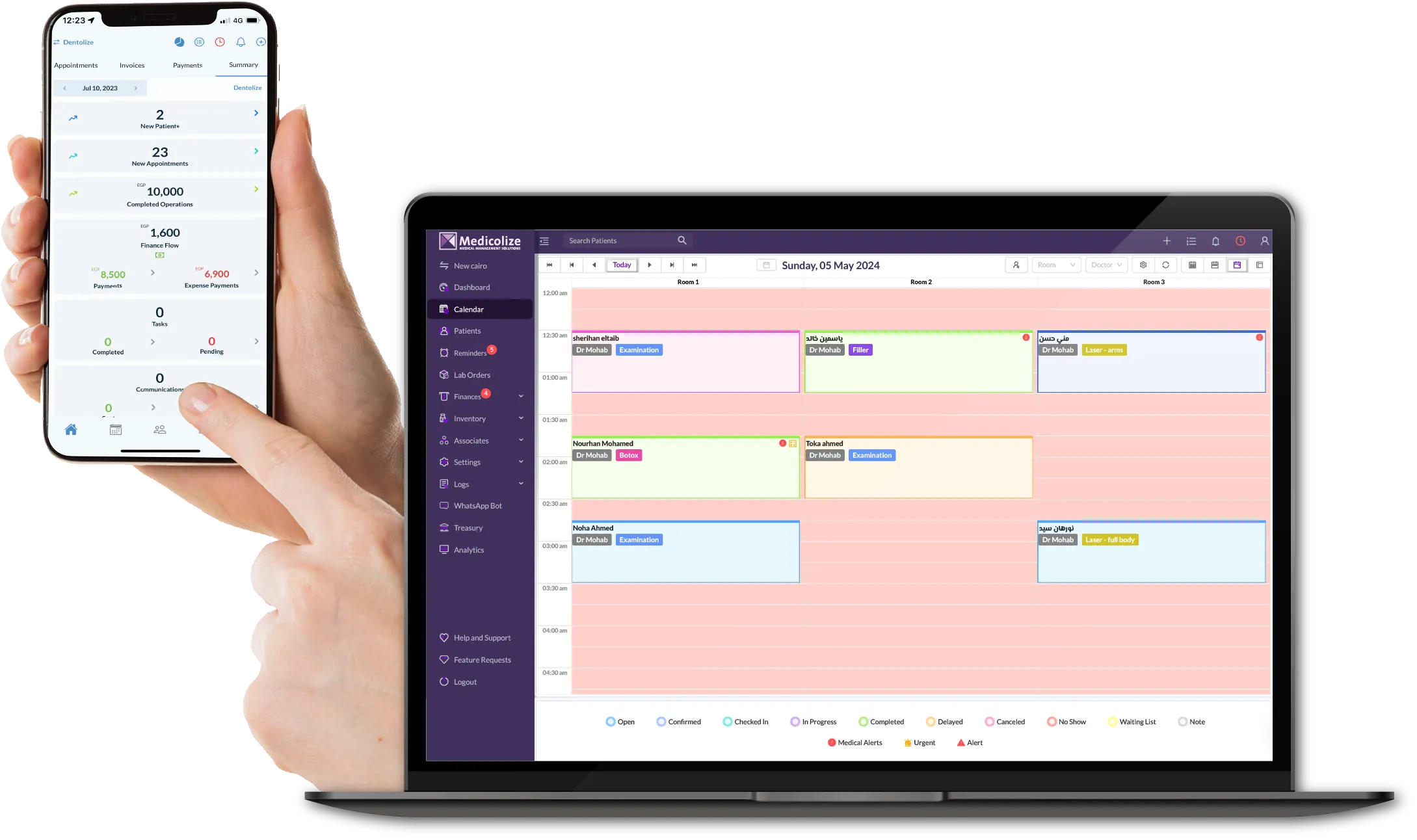 Medicolize clinic management system calendar on a laptop and summary dashboard on a mobile phone